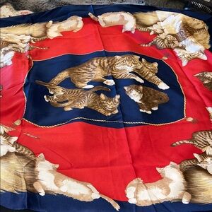 Vintage Symphony Tabby Cat Scarf Italy 35 x 35 Blue Red